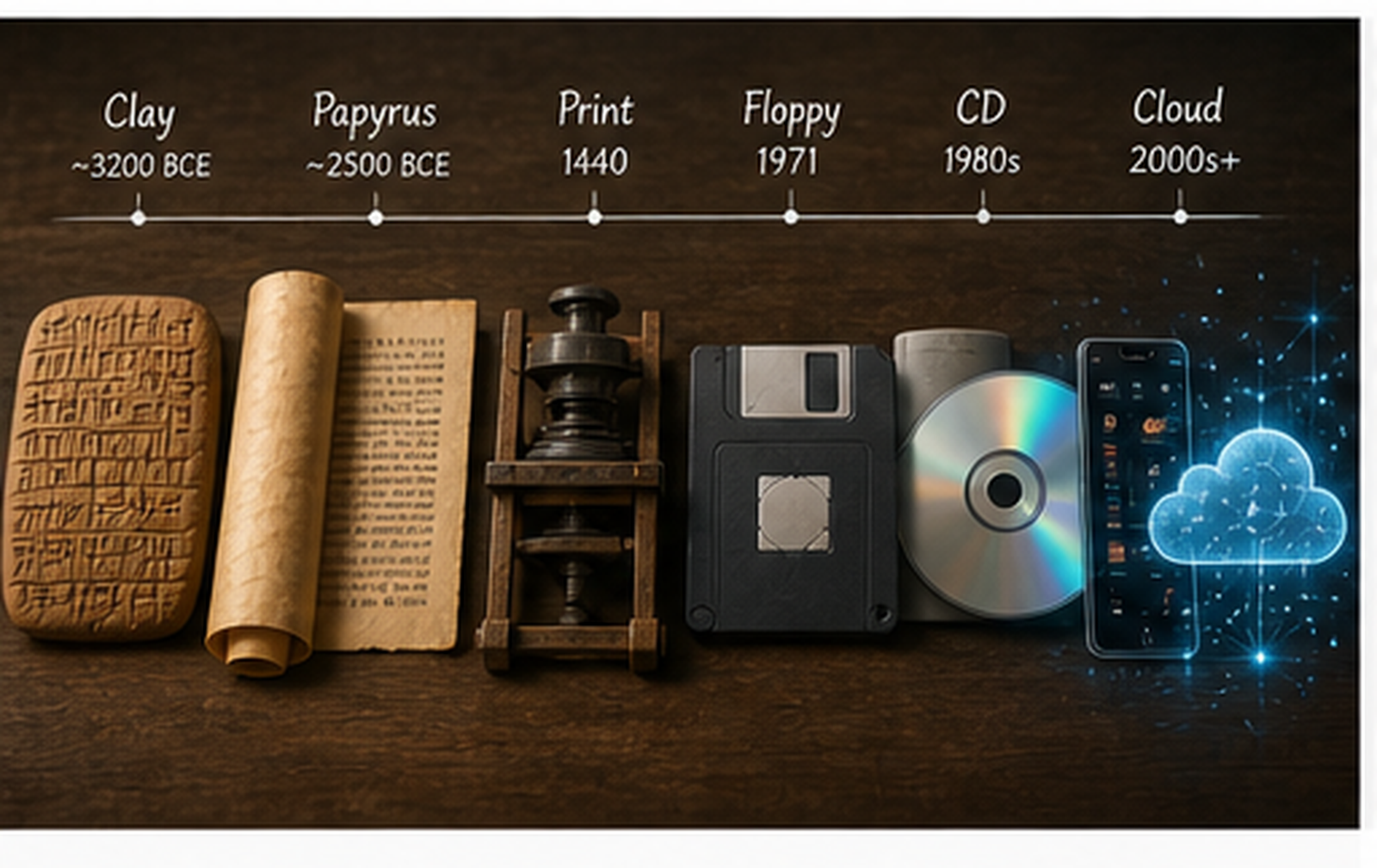 A sequence of storage media from clay tablet and scroll to floppy disk, compact disc, smartphone, and cloud symbol, representing the evolution of external memory.