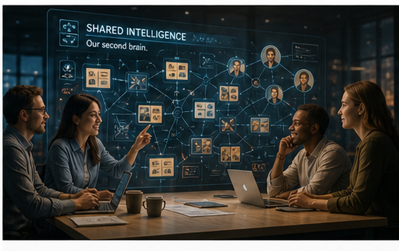 A team of humans collaborating around a large shared intelligence map with AI participants, artifacts, decisions, and connected context forming a second brain for teamwork.