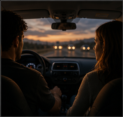 Two people in a car at dusk, seen from the back seat, in a quiet moment before a difficult conversation opens again.